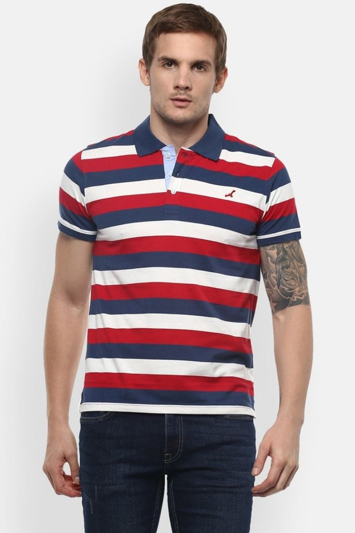 Men's Polo Collar Yarn Dyed Striped T-Shirt - Navy, Burgundy & White