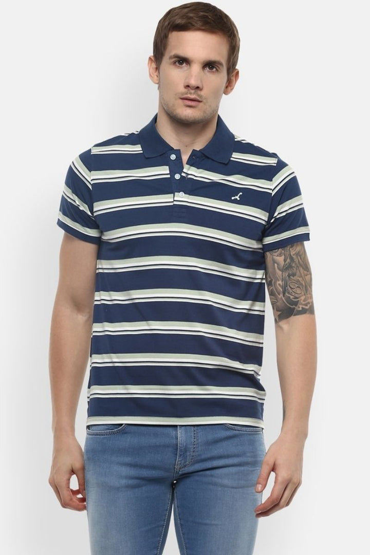 Men's Polo Collar Yarn Dyed Stripes T-Shirt - Blue, Green & White