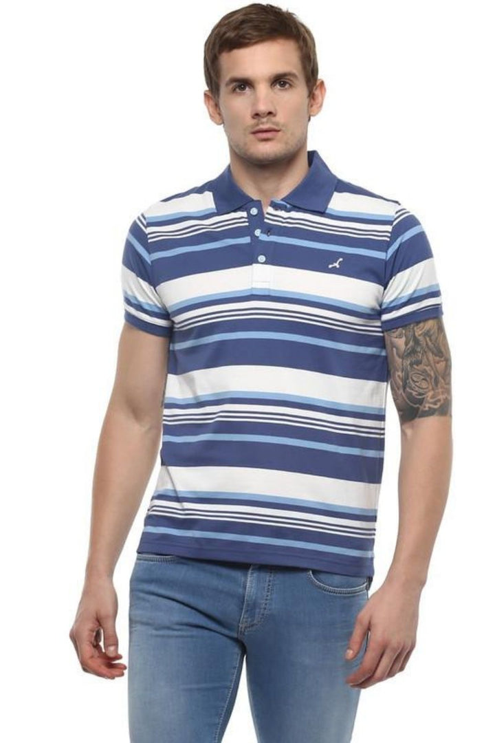 Men's Polo Collar Yarn Dyed Striped T-Shirt - Navy & White