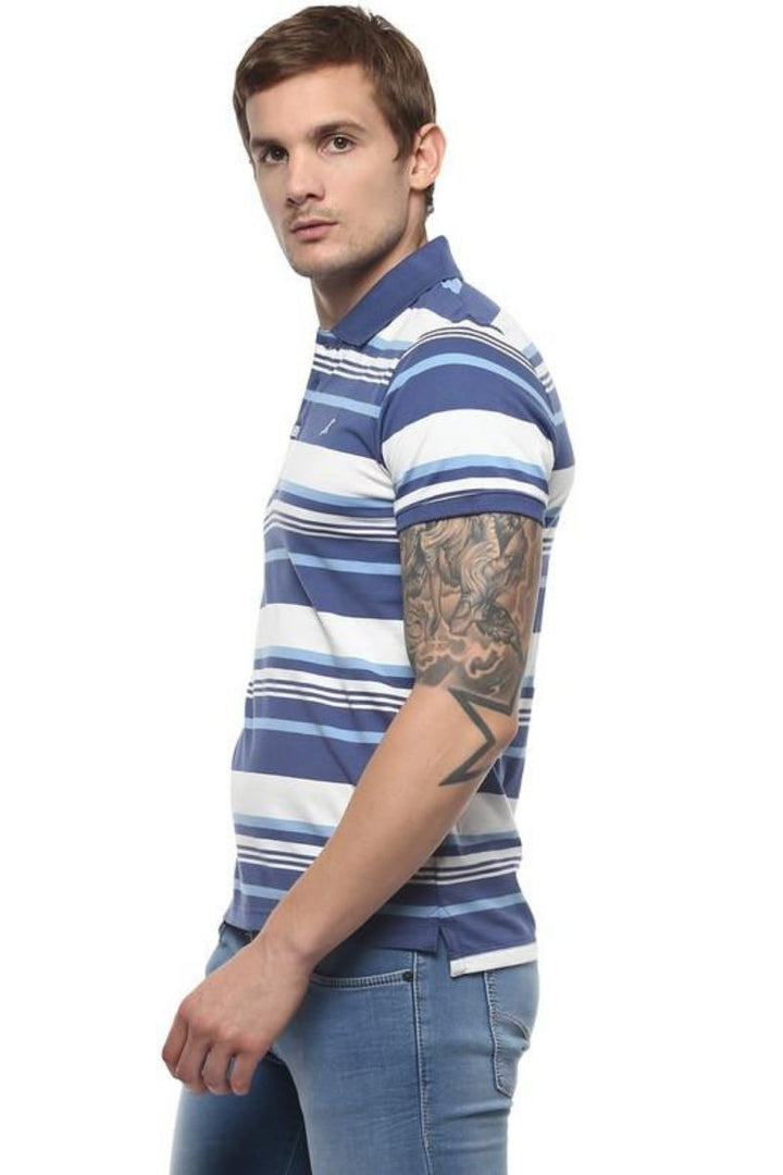 Men's Polo Collar Yarn Dyed Striped T-Shirt - Navy & White
