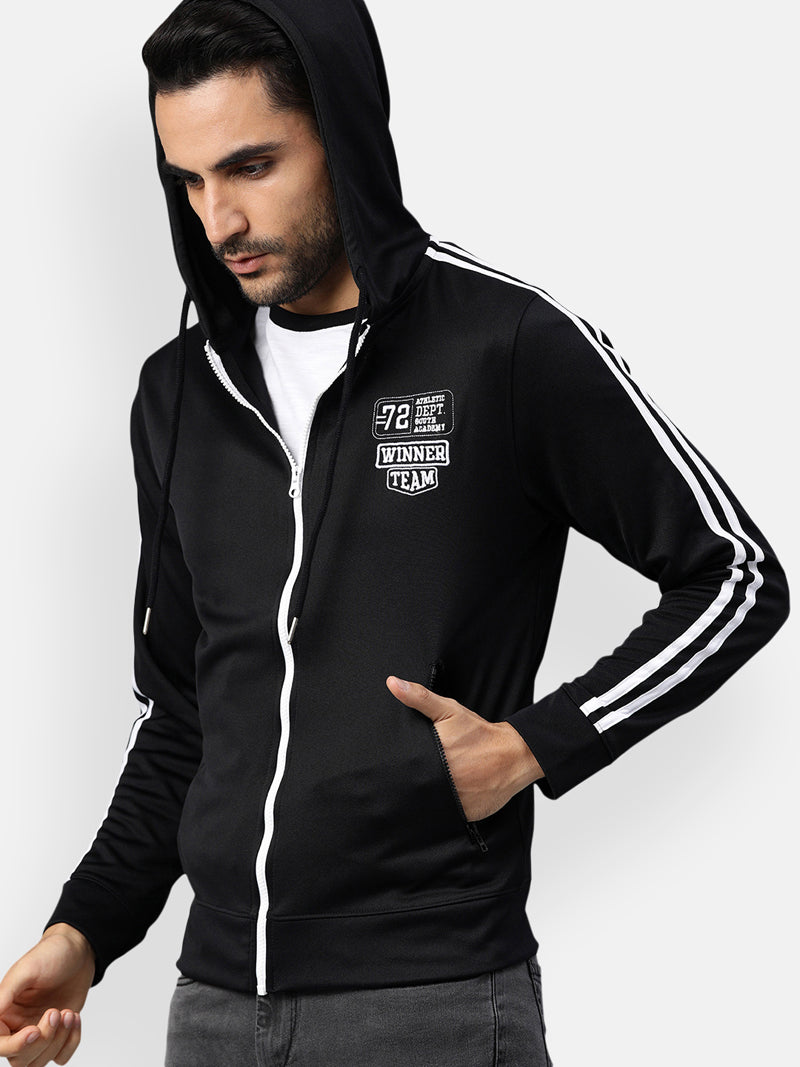 Men's Full Sleeves Sports Jacket - Black with Contrast White Zipper (No Exchange No Return)