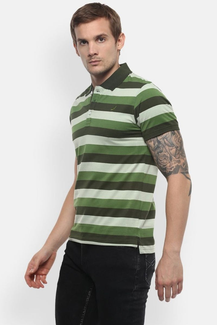 Men's Polo Collar Yarn Dyed Stripes T-Shirt - Shades of Green