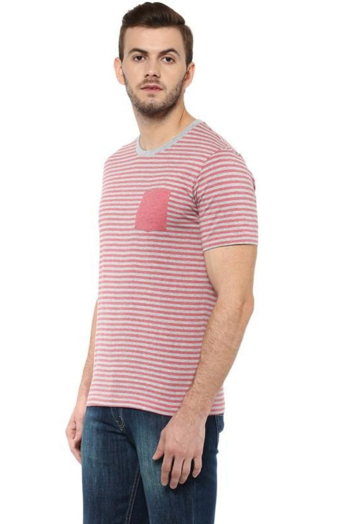 Men's Round Neck T-Shirt - Red & Grey Melange