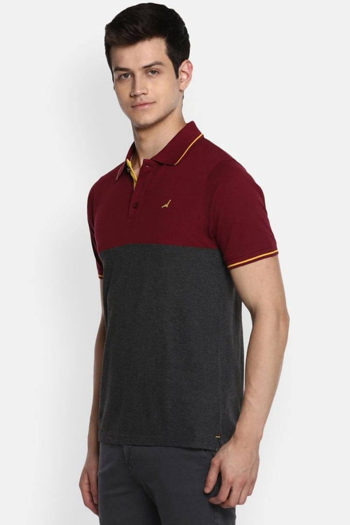 Men's Polo Collar T-Shirt - Burgundy & Charcoal Melange