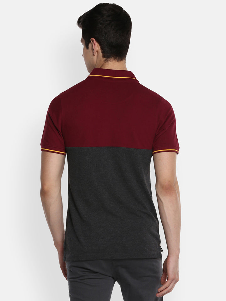 Men's Polo Collar T-Shirt - Burgundy & Charcoal Melange