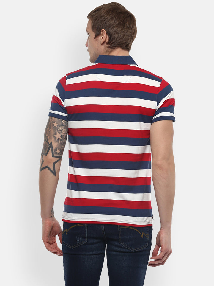 Men's Polo Collar Yarn Dyed Striped T-Shirt - Navy, Burgundy & White