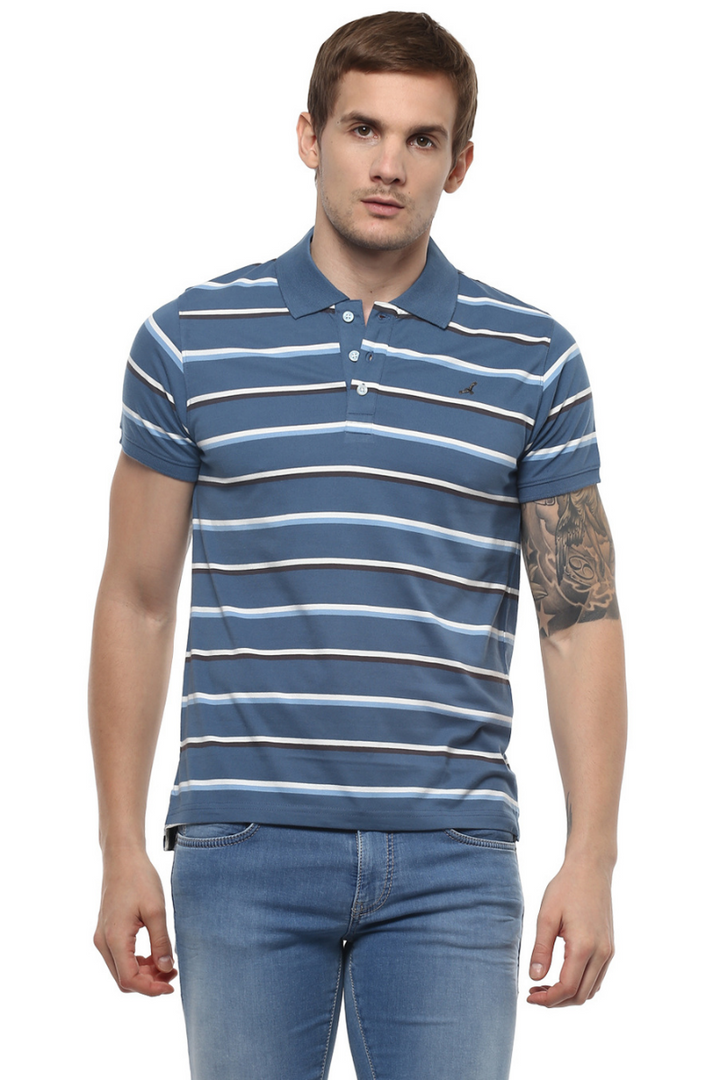 Men's Polo Collar Yarn Dyed Stirped T-Shirt - Blue & White