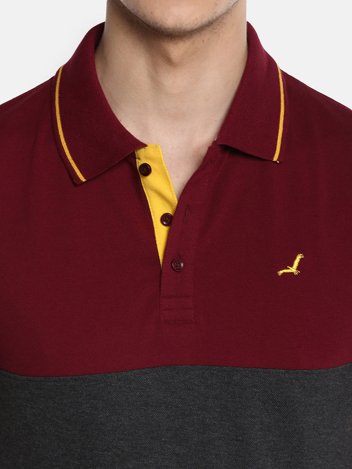 Men's Polo Collar T-Shirt - Burgundy & Charcoal Melange