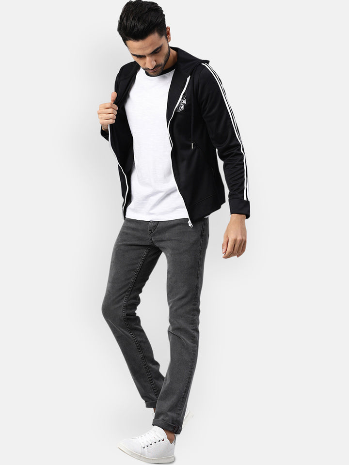 Men's Full Sleeves Sports Jacket - Black with Contrast White Zipper (No Exchange No Return)