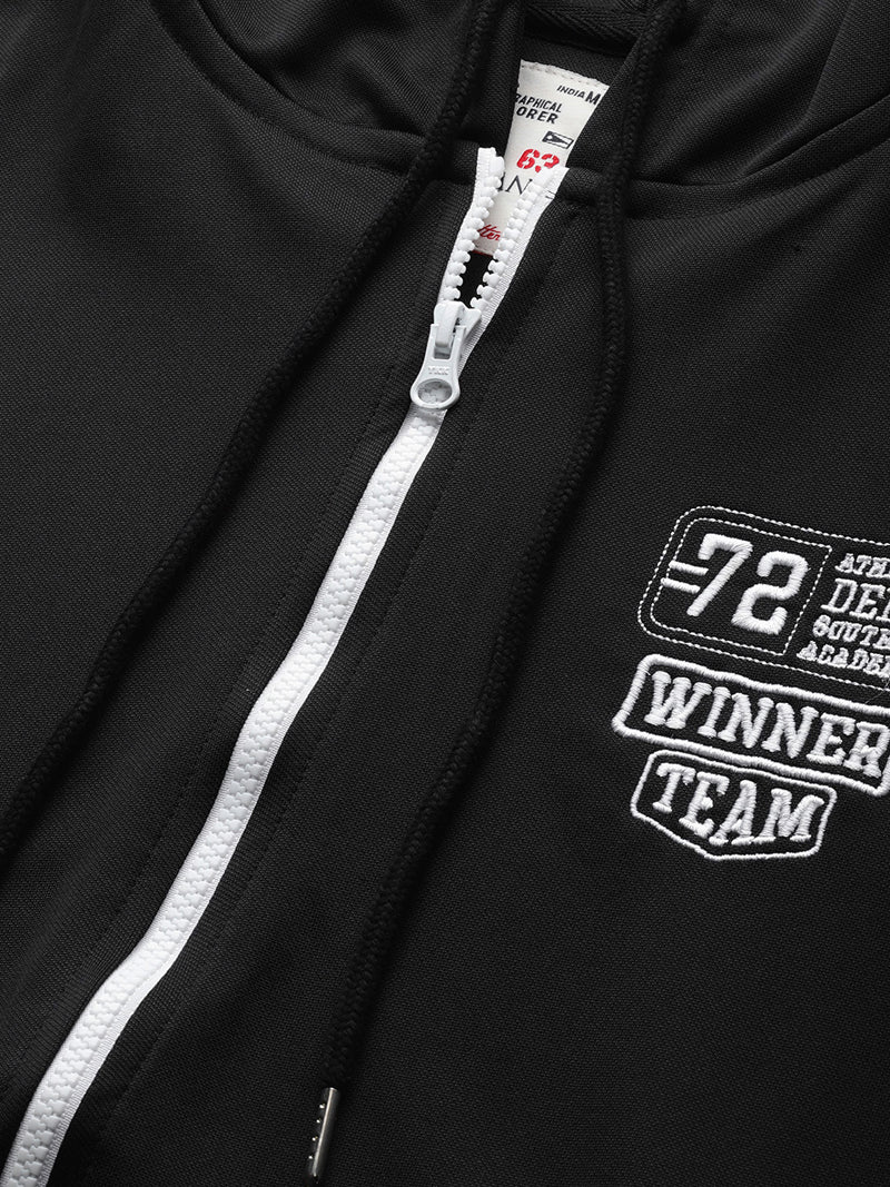 Men's Full Sleeves Sports Jacket - Black with Contrast White Zipper (No Exchange No Return)
