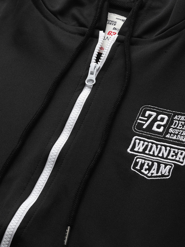 Men's Full Sleeves Sports Jacket - Black with Contrast White Zipper (No Exchange No Return)