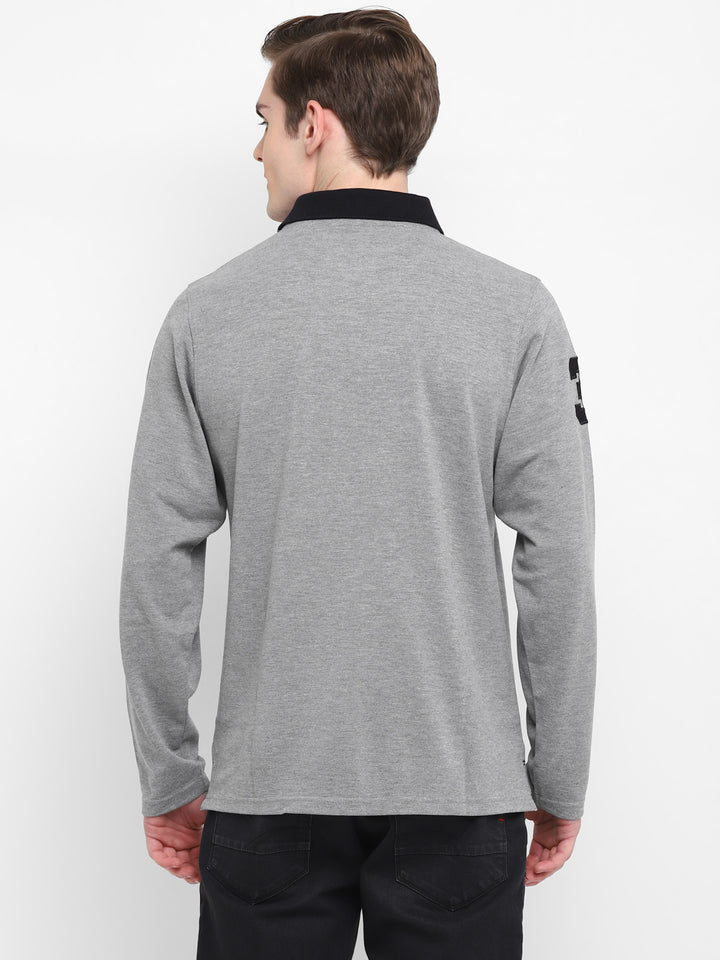 Full Sleeves Polo Collar T-Shirt for Men - Grey Melange Cotton Poly Blend