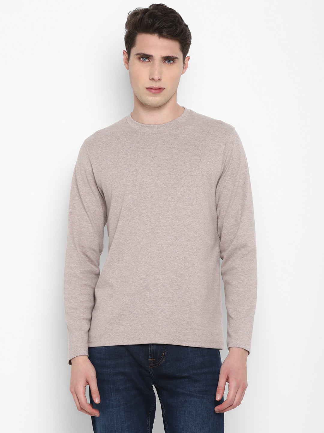 Extra Thick Winter Round Neck Cotton T-Shirt For Men - Beige Melange