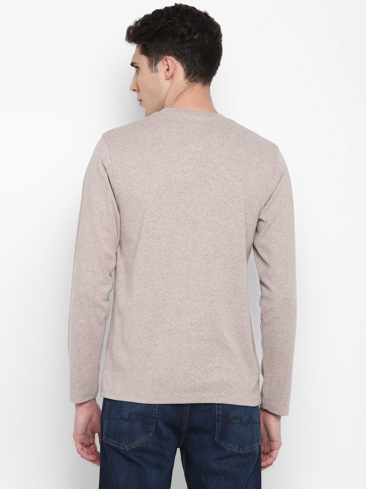 Extra Thick Winter Round Neck Cotton T-Shirt For Men - Beige Melange