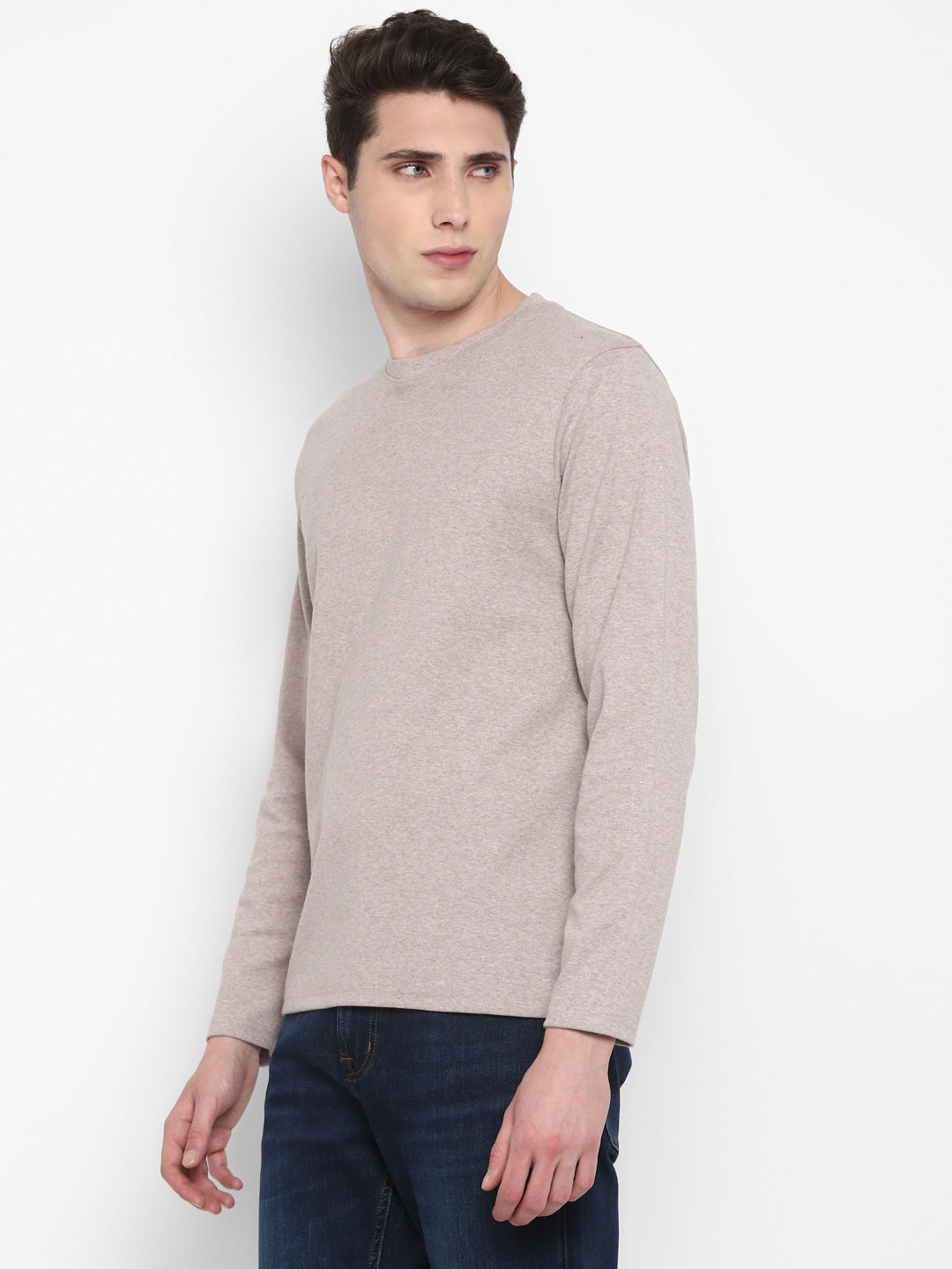 Extra Thick Winter Round Neck Cotton T-Shirt For Men - Beige Melange