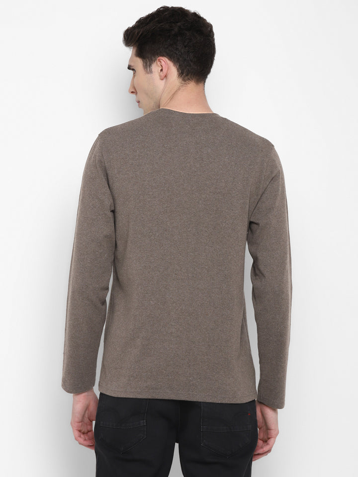 Extra Thick Winter Round Neck Cotton T-Shirt For Men - Brown Melange