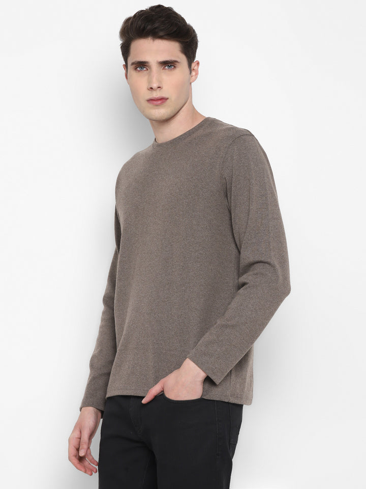 Extra Thick Winter Round Neck Cotton T-Shirt For Men - Brown Melange