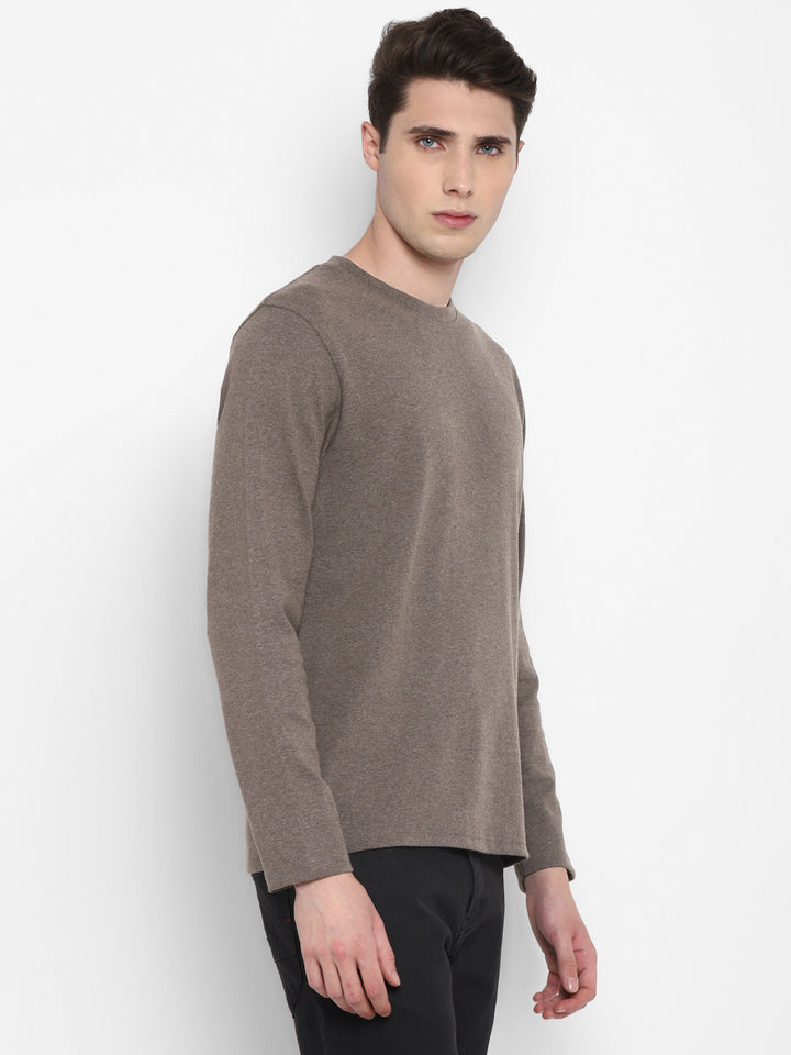 Extra Thick Winter Round Neck Cotton T-Shirt For Men - Brown Melange