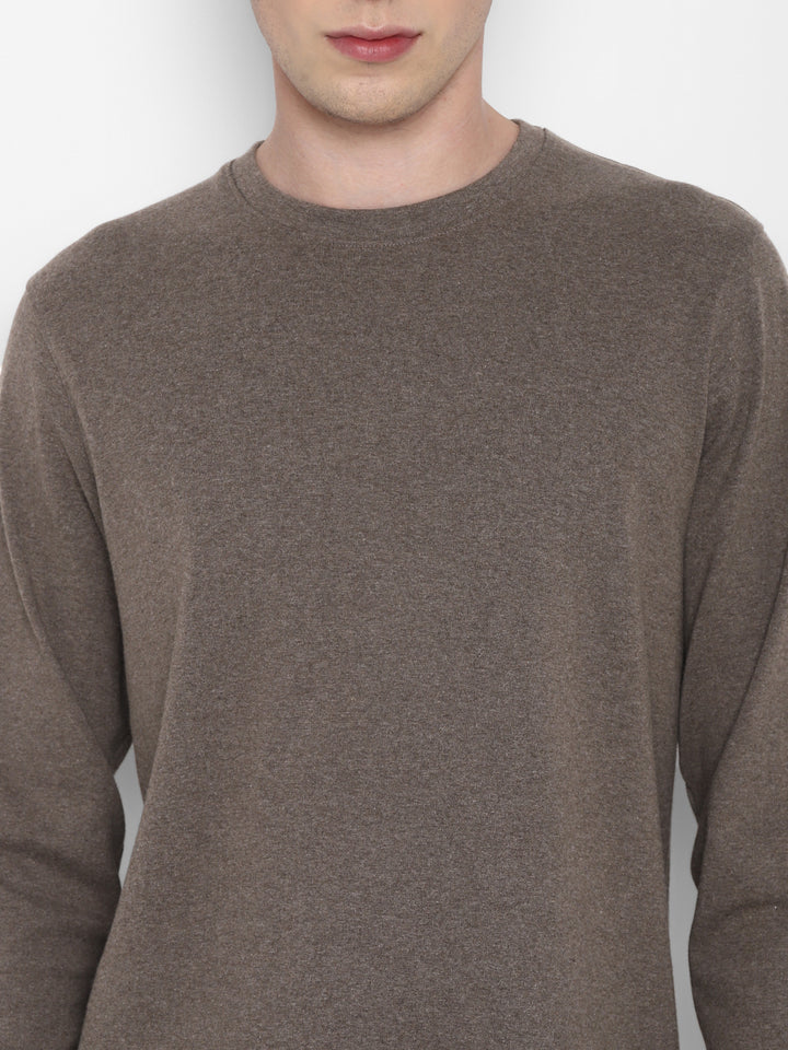 Extra Thick Winter Round Neck Cotton T-Shirt For Men - Brown Melange