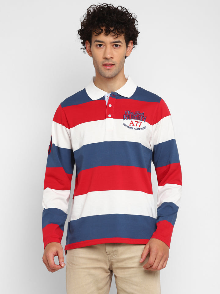 Full Sleeves Striped Polo T-Shirt for Men - White, Red & Navy