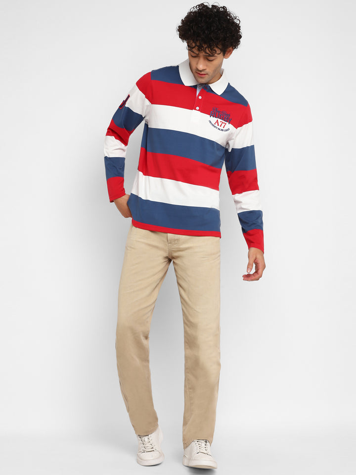 Full Sleeves Striped Polo T-Shirt for Men - White, Red & Navy