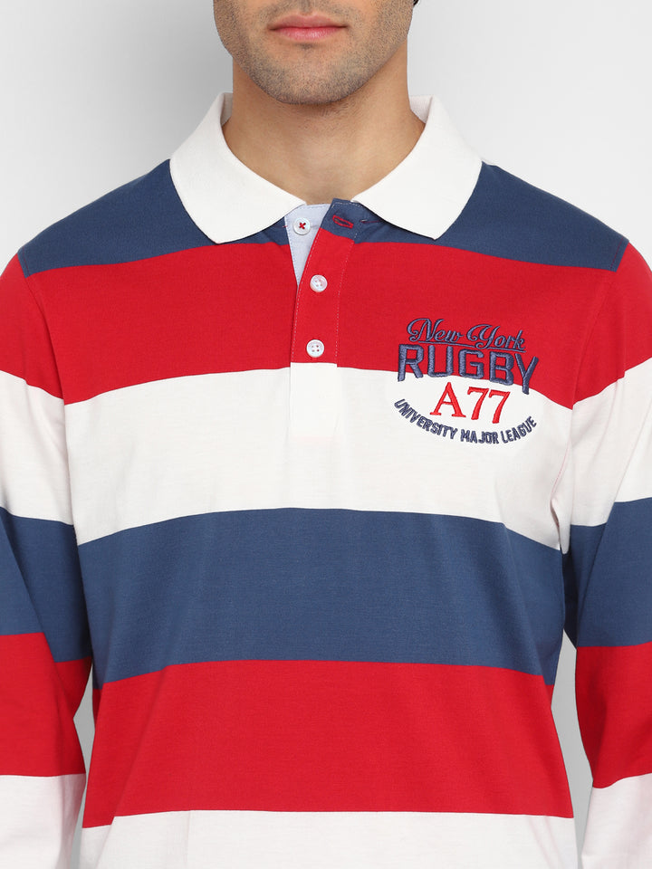 Full Sleeves Striped Polo T-Shirt for Men - White, Red & Navy