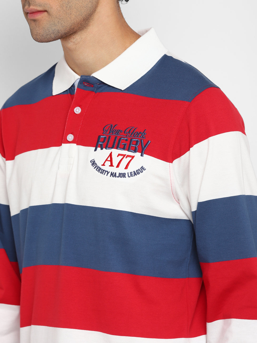 Full Sleeves Striped Polo T-Shirt for Men - White, Red & Navy