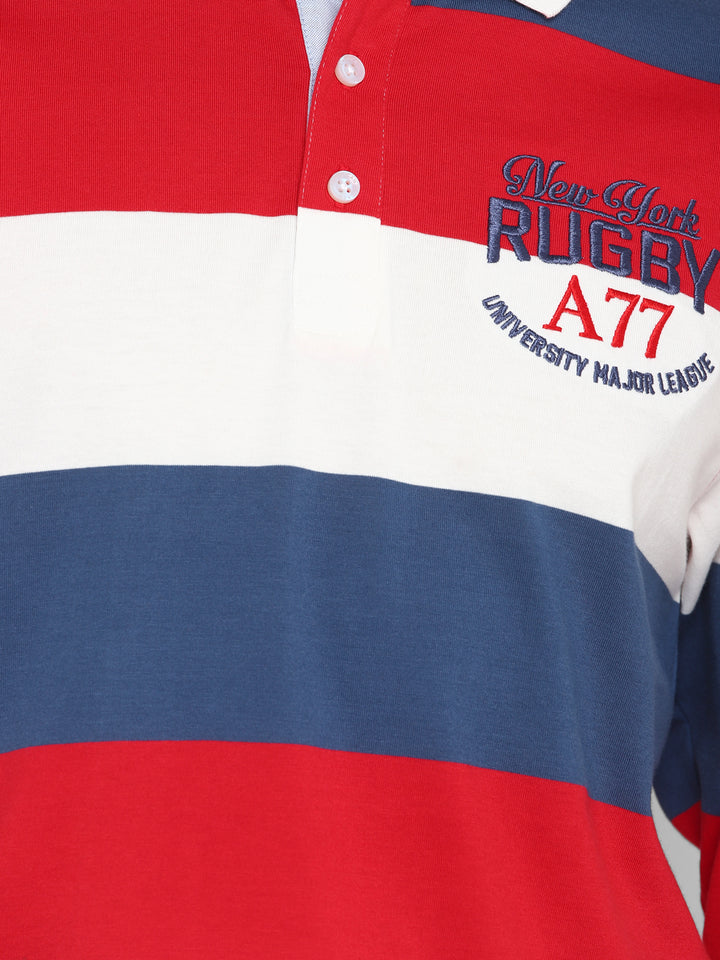 Full Sleeves Striped Polo T-Shirt for Men - White, Red & Navy