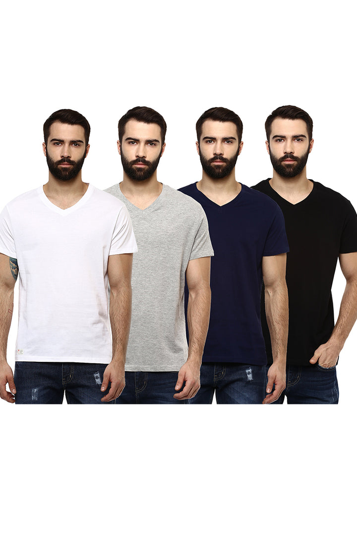 Men's V Neck Half Sleeves Pack of 4 T-Shirts - Black, Navy, White & Grey Melange