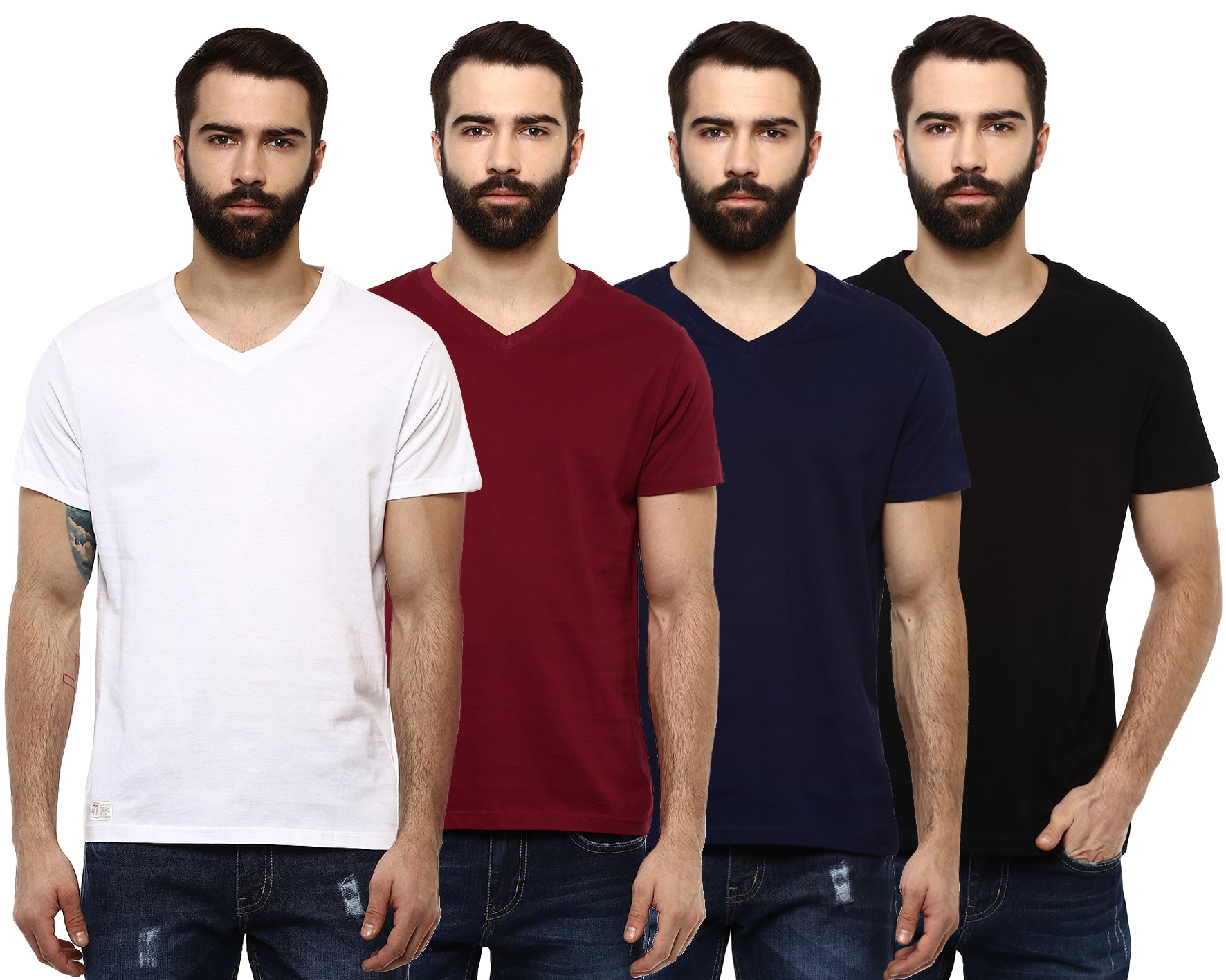 Men's V Neck Half Sleeves Combo Pack of 4 T-Shirts - Black, Navy, Rio ...