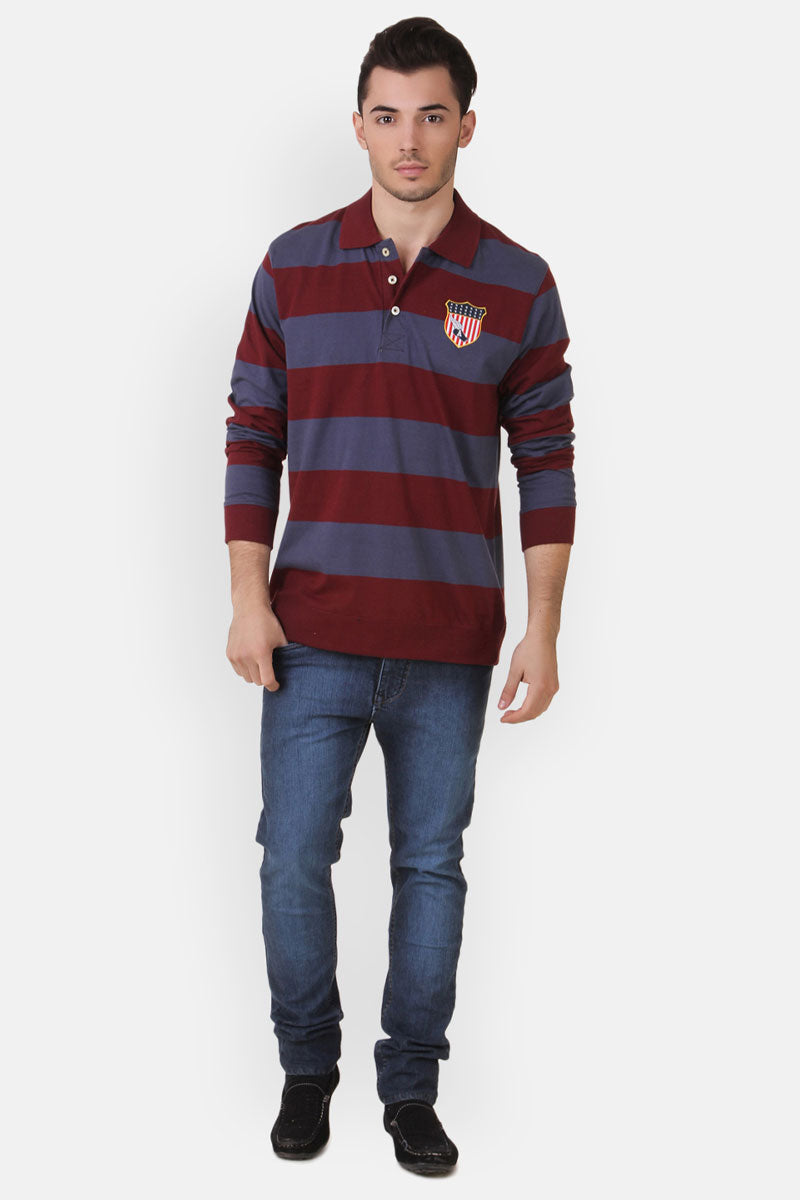 Men's Full Sleeves Rugby Polo Yarn Dyed Striped T-Shirt