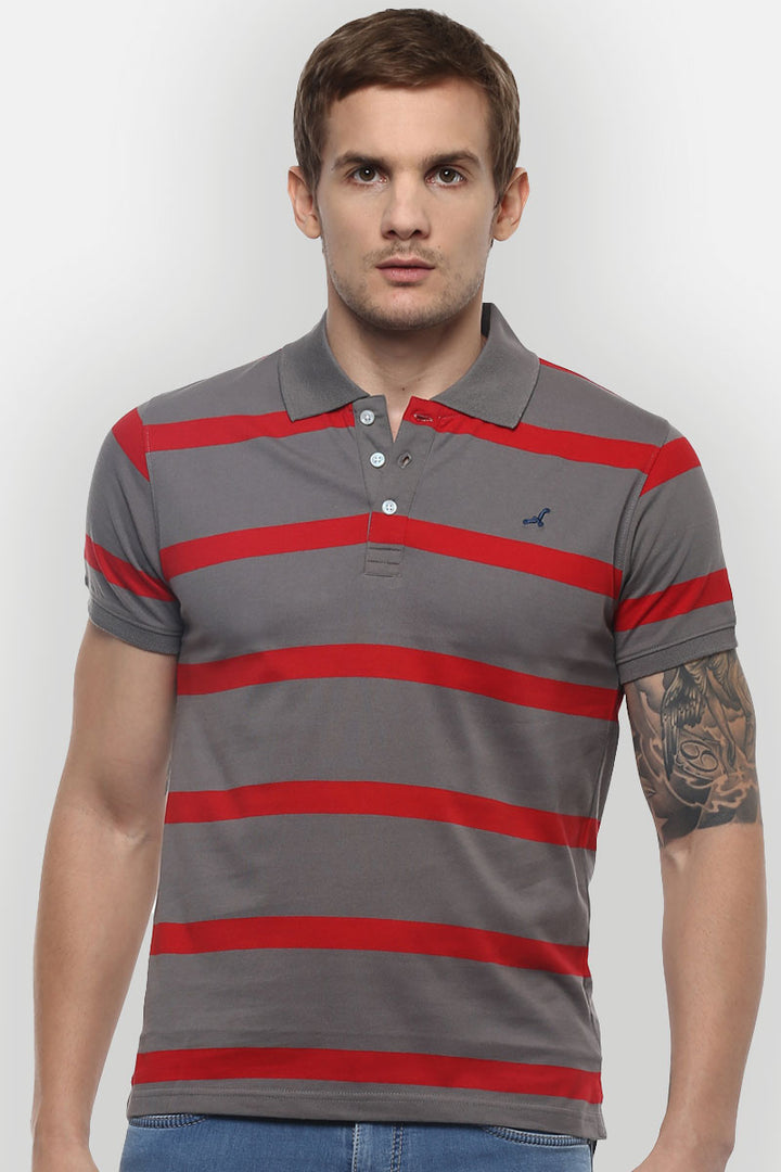 Men's Polo Collar Yarn Dyed Striped T-Shirt - Grey & Red