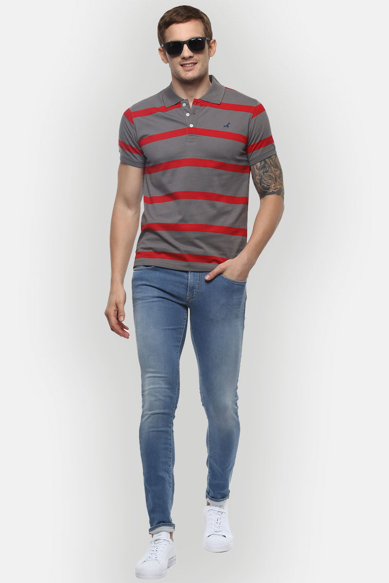 Men's Polo Collar Yarn Dyed Striped T-Shirt - Grey & Red