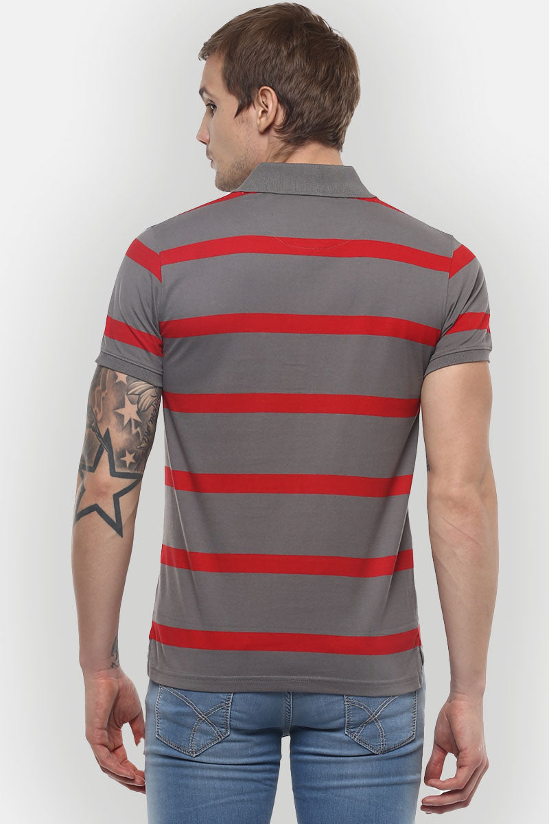 Men's Polo Collar Yarn Dyed Striped T-Shirt - Grey & Red