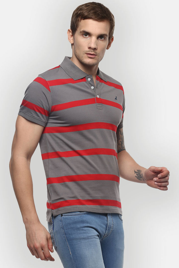 Men's Polo Collar Yarn Dyed Striped T-Shirt - Grey & Red