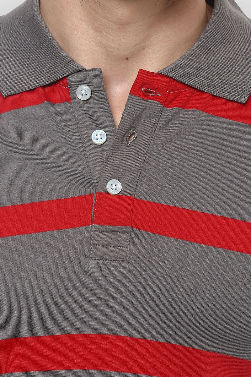 Men's Polo Collar Yarn Dyed Striped T-Shirt - Grey & Red