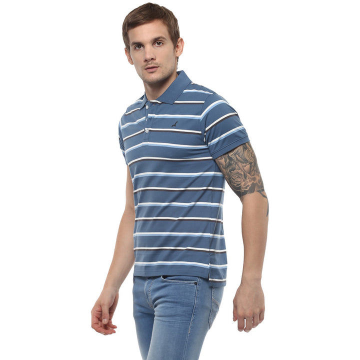 Men's Polo Collar Yarn Dyed Stirped T-Shirt - Blue & White