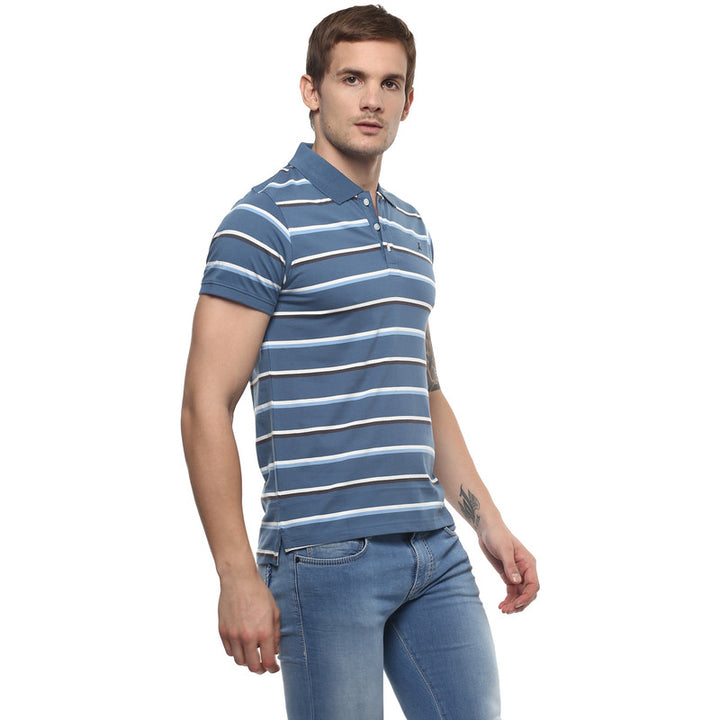 Men's Polo Collar Yarn Dyed Stirped T-Shirt - Blue & White