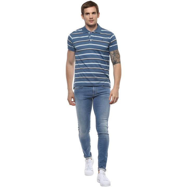 Men's Polo Collar Yarn Dyed Stirped T-Shirt - Blue & White