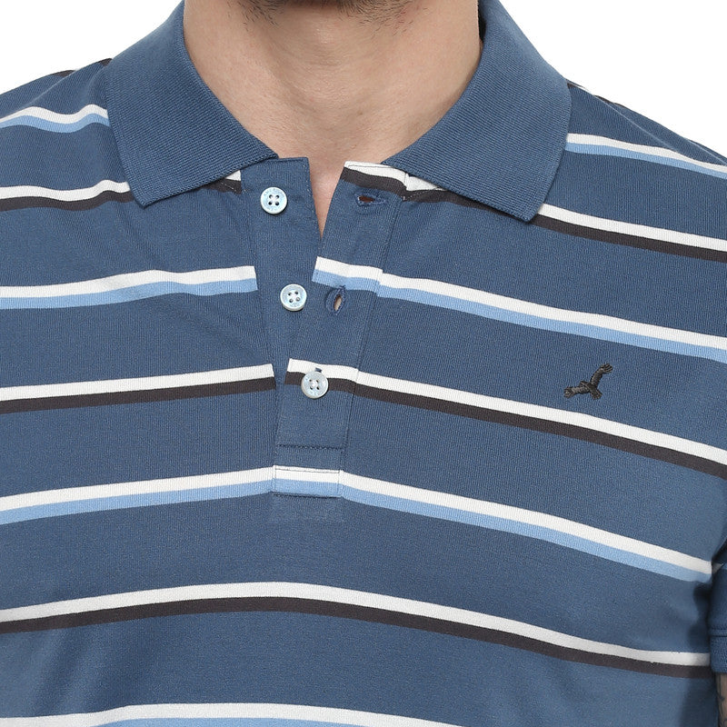 Men's Polo Collar Yarn Dyed Stirped T-Shirt - Blue & White