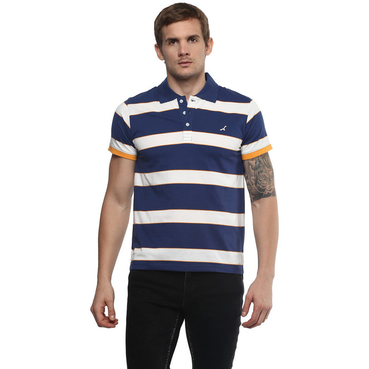 Men's Polo Collar Yarn Dyed Striped T-Shirt - Dark Navy & White