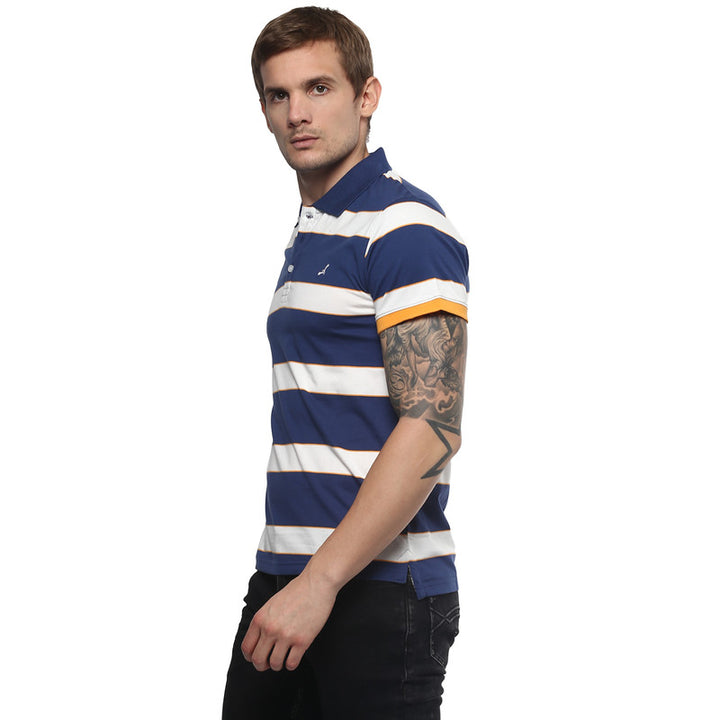 Men's Polo Collar Yarn Dyed Striped T-Shirt - Dark Navy & White