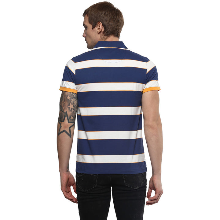 Men's Polo Collar Yarn Dyed Striped T-Shirt - Dark Navy & White