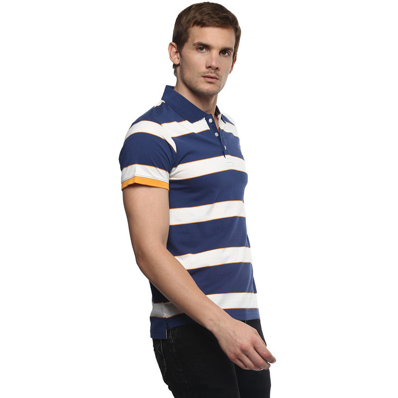 Men's Polo Collar Yarn Dyed Striped T-Shirt - Dark Navy & White