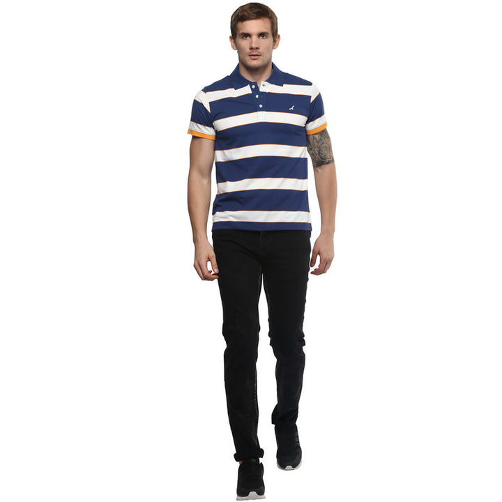Men's Polo Collar Yarn Dyed Striped T-Shirt - Dark Navy & White