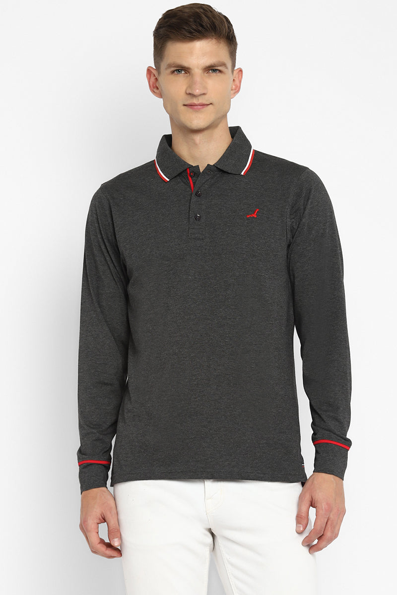 Polo Collar Full Sleeves T-Shirt for Men - Charcoal Melange