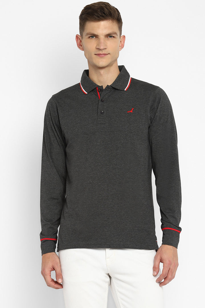 Polo Collar Full Sleeves T-Shirt for Men - Charcoal Melange