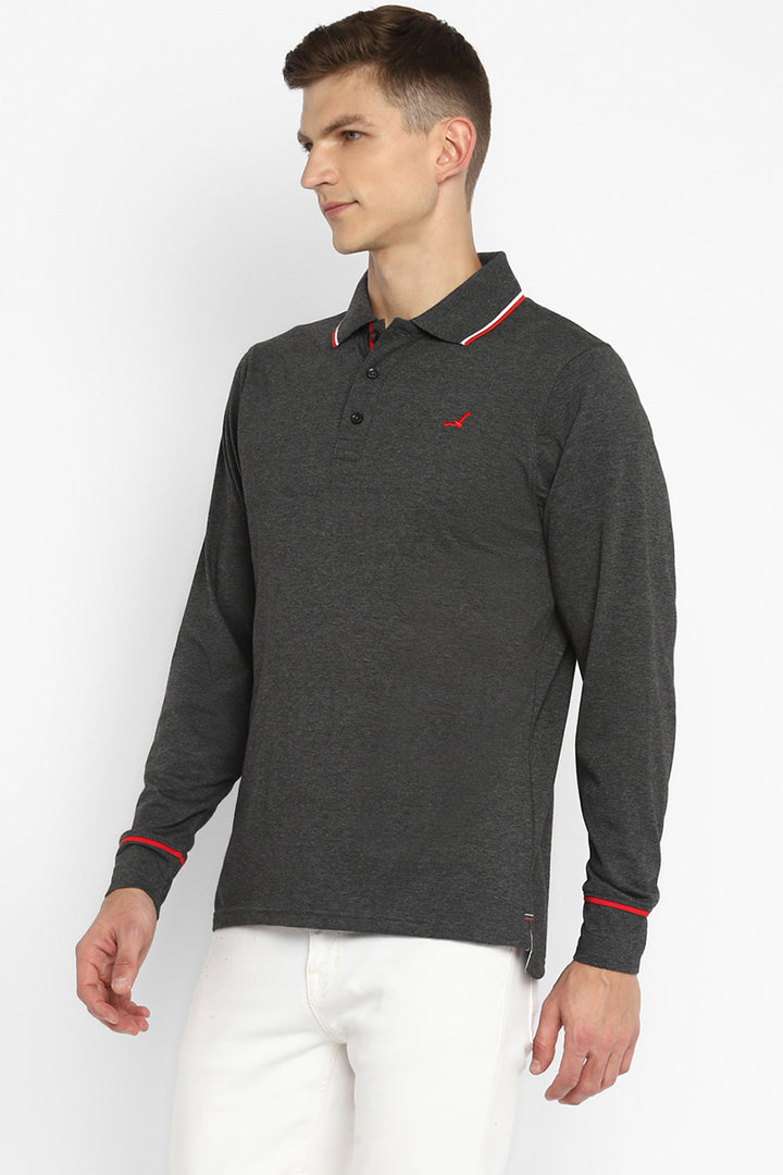 Polo Collar Full Sleeves T-Shirt for Men - Charcoal Melange
