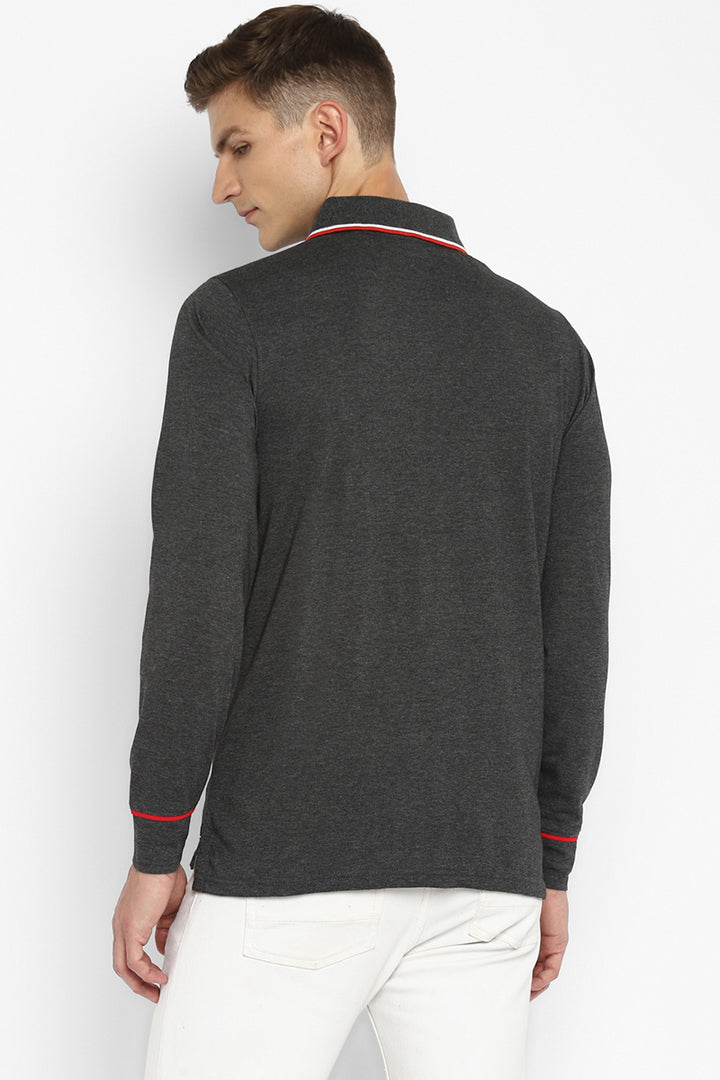 Polo Collar Full Sleeves T-Shirt for Men - Charcoal Melange