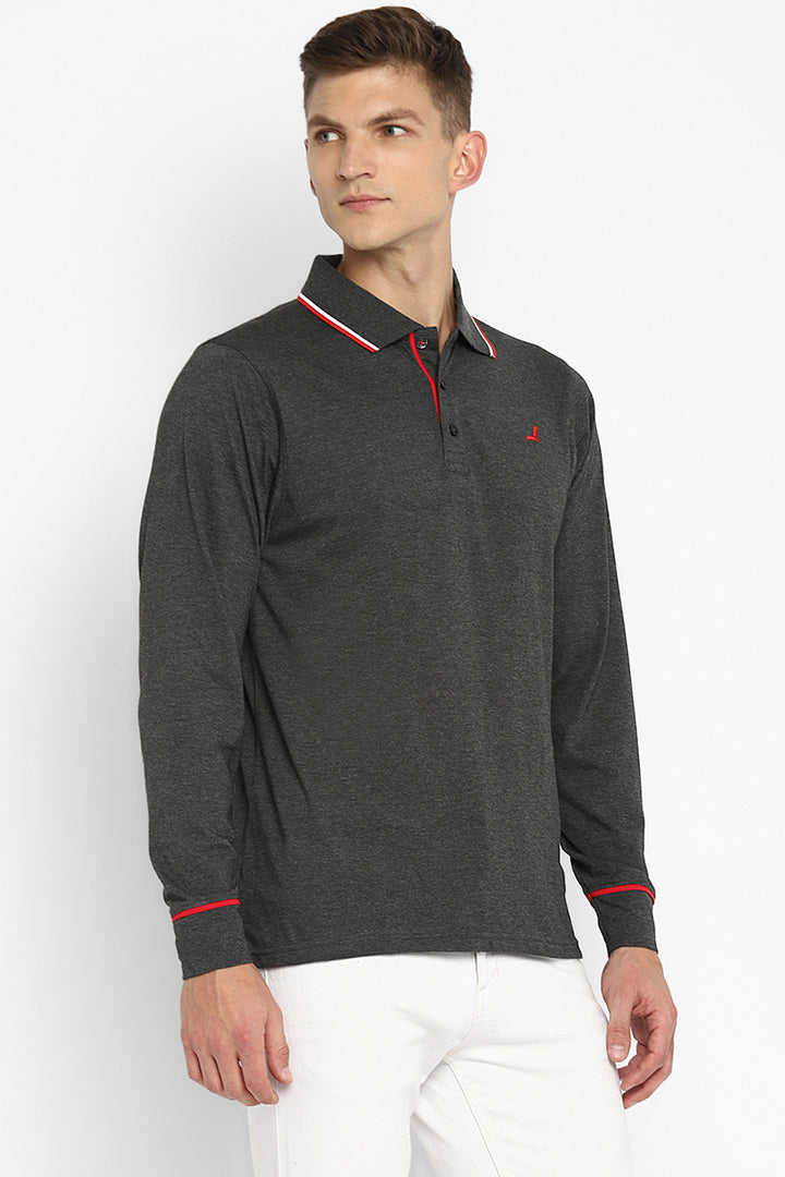 Polo Collar Full Sleeves T-Shirt for Men - Charcoal Melange